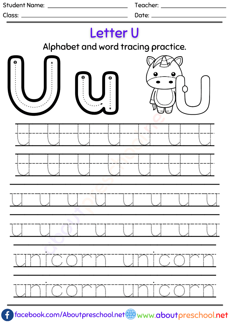 Letter U Alphabet tracing worksheets Archives - About Preschool