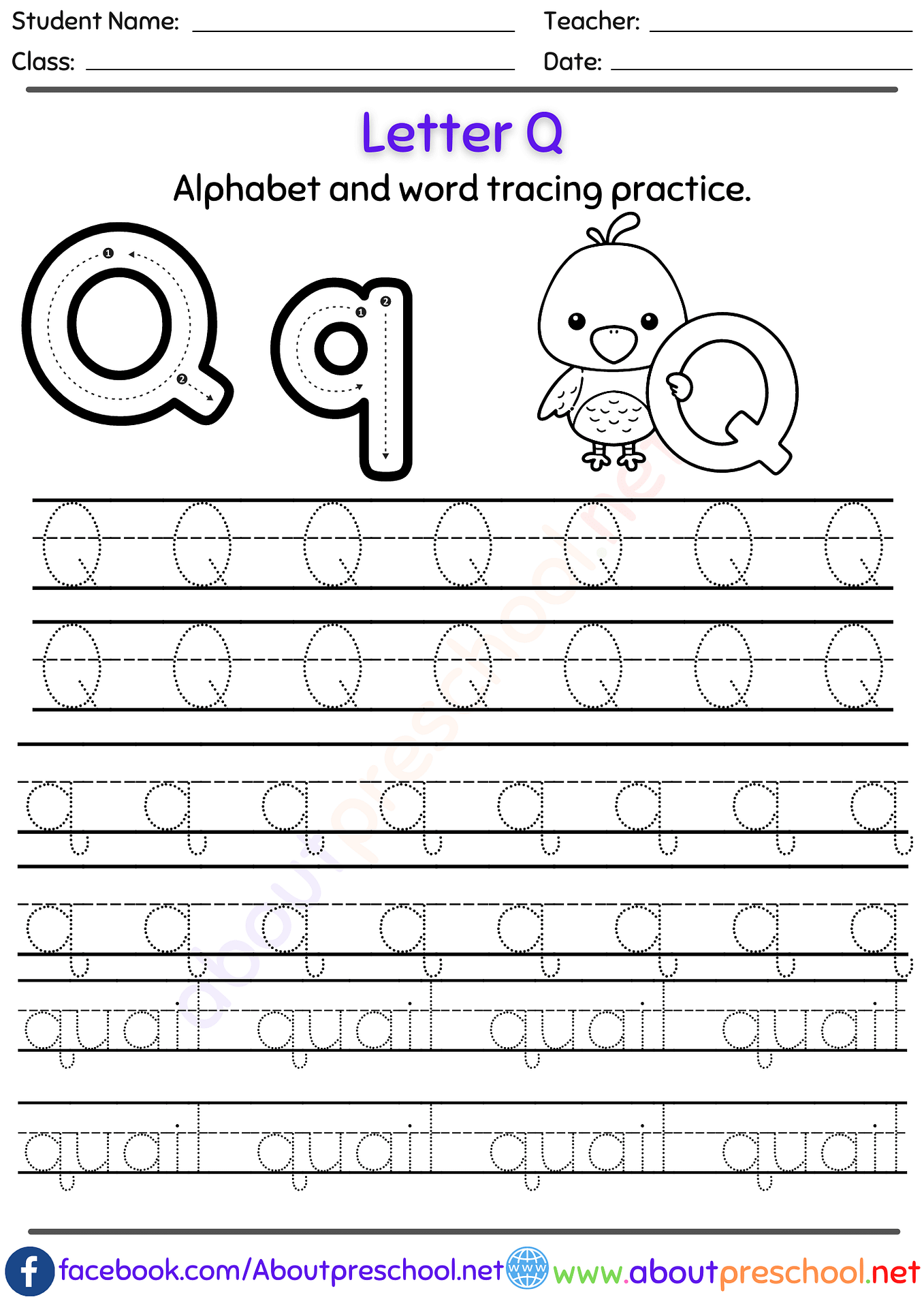 Letter Q Alphabet tracing worksheets Archives - About Preschool